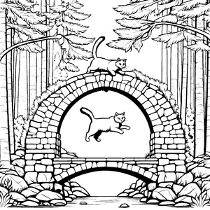 Verspielte norwegische Waldkatzen auf Steinbrücke Ausmalmotiv für tierbegeisterte Künstler