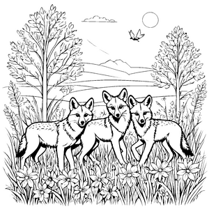 Kojoten-Welpen im bunten Blumenfeld Ausmalbild für junge Tierfreunde