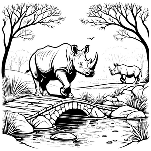 Stolzes Nashorn auf einem malerischen Steg Ausmalvorlage für neugierige Naturforscher