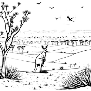 Abenteuerliches Känguru in der weiten Landschaft Ausmalbild für neugierige Tierfreunde