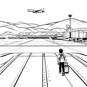 Abenteuerlicher Flughafen mit abhebendem Flugzeug Ausmalbild für kleine Reisefans