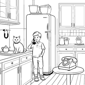 Fröhliches Spielen mit dem Telefon und der Katze Ausmalvorlage für kleine Kommunikationskünstler