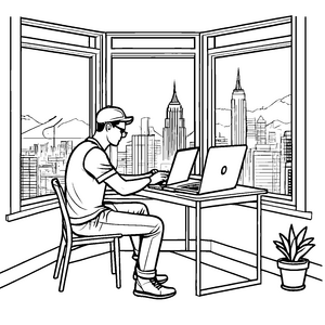 Kreativer Softwareentwickler am Fenster mit Stadtblick Ausmalbild für neugierige Technikfans