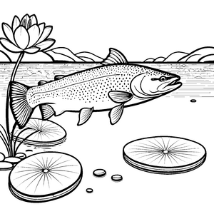 Lebhafter Lachs zwischen Seerosen Malvorlage für kleine Wasserforscher