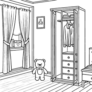 Fröhlicher Bär neben stylischem Garderobenschrank Ausmalvorlage für kreative Alltagsgestalter