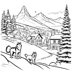 Abenteuerliche Huskys vor majestätischer Berglandschaft Ausmalvorlage für junge Entdecker
