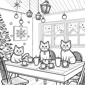 Katzenfreunde am festlichen Weihnachtstisch Ausmalvorlage für tierliebe Künstler