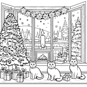 Weihnachtliche Katzen am festlich geschmückten Baum Ausmalvorlage für kreative Tierliebhaber