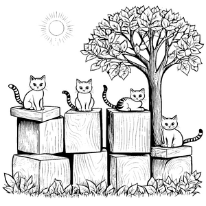 Lustige Katzen auf bunten Holzblöcken Ausmalvorlage für freudige Malexperten