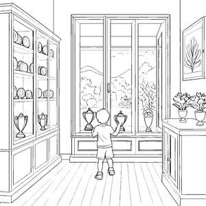 Eindrucksvolle Trophäen im strahlenden Schaufenster Ausmalbild für kleine Siegertypen