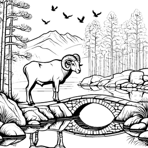Majestätischer Hammel auf malerischer Brücke Ausmalbild für abenteuerliche Naturfreunde