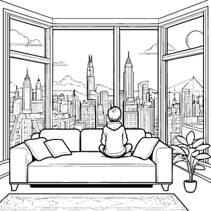 Stimmungsvolles Wohnzimmer mit beeindruckender Stadtsicht Ausmalbild für neugierige Stadtentdecker