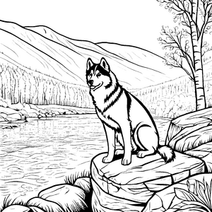 Majestätischer Husky am glitzernden Fluss Ausmalbild für abenteuerlustige Naturfreunde