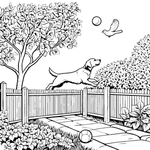 Springender Golden Retriever im sonnigen Garten Ausmalvorlage für fröhliche Tierfreundinnen