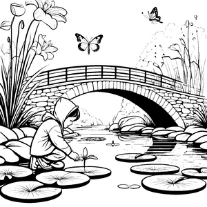 Fantasievolle Begegnung mit Schmetterlingen am Teich Ausmalmotiv für neugierige Naturentdecker