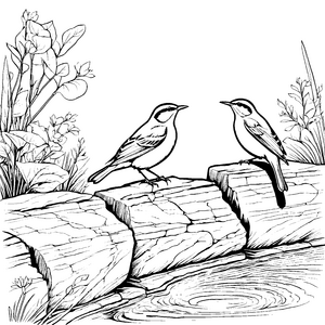 Zwei bezaubernde Vögel am plätschernden Wasser Ausmalbild für kreative Naturfreunde
