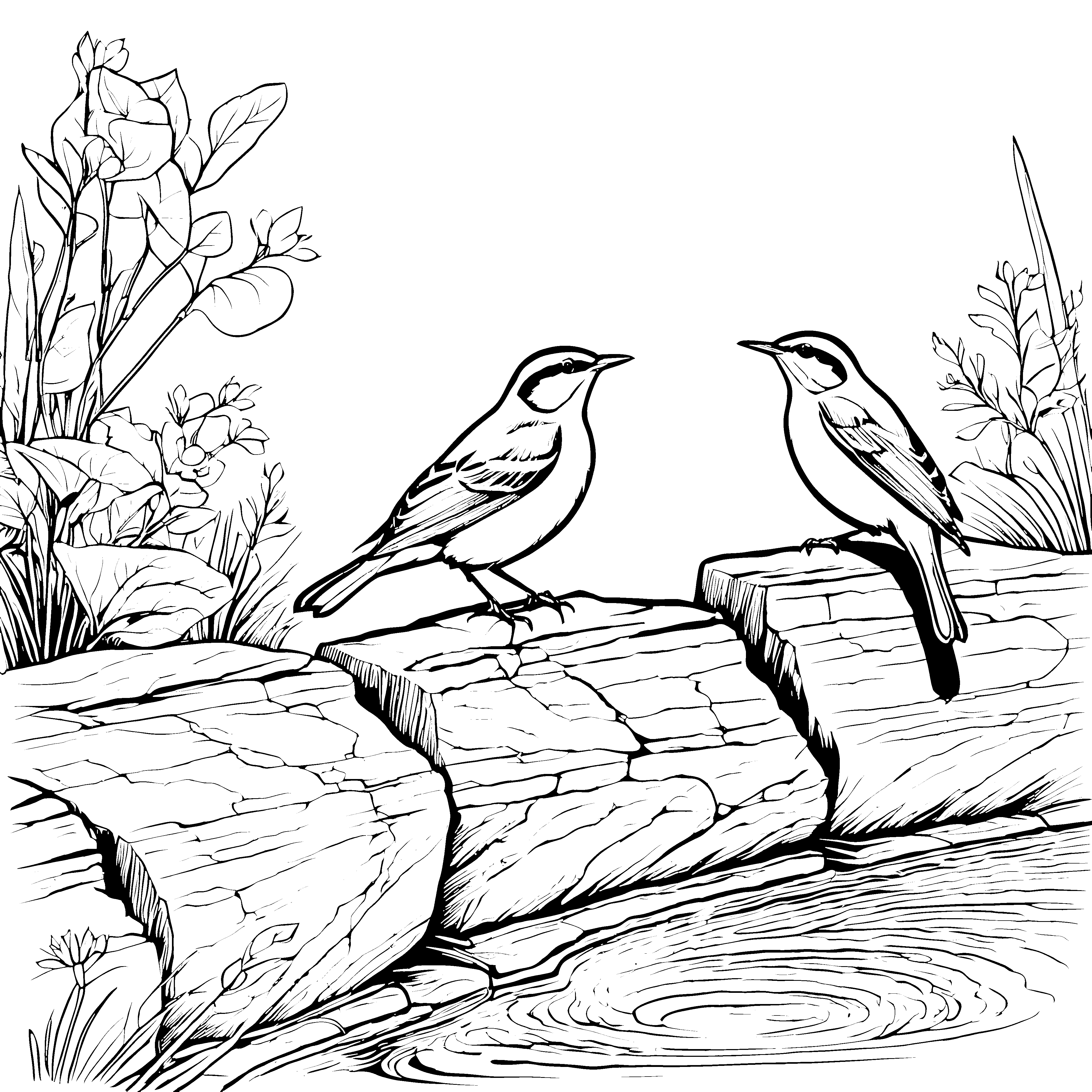 Zwei bezaubernde Vögel am plätschernden Wasser Ausmalbild für kreative Naturfreunde