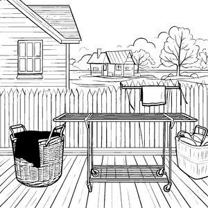 Wäscheständer auf sonniger Terrasse Ausmalbild für fröhliche kleine Helfer