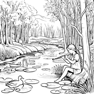 Melodische Flöte am friedlichen Teich Ausmalvorlage für verträumte Künstler