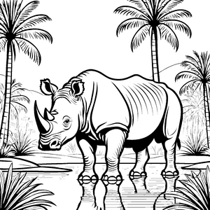 Starkes Nashorn am glitzernden Wasser Ausmalbild für junge Naturforscher