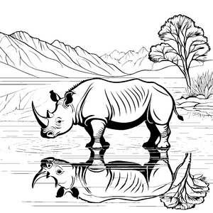 Majestätisches Nashorn am glitzernden Wasser Ausmalvorlage für abenteuerlustige Tierfreunde
