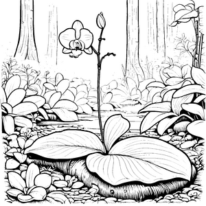 Wunderschöne Orchidee in traumhafter Gartenszene Ausmalbild für fantasievolle Künstler