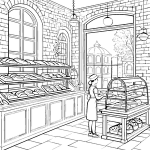 Leckere Backwaren in gemütlicher Bäckerei Ausmalbild für kreative Naschkatzen