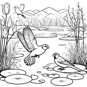 Verliebte Vögel im charmanten Teich Ausmalbild für fantasievolle Künstler