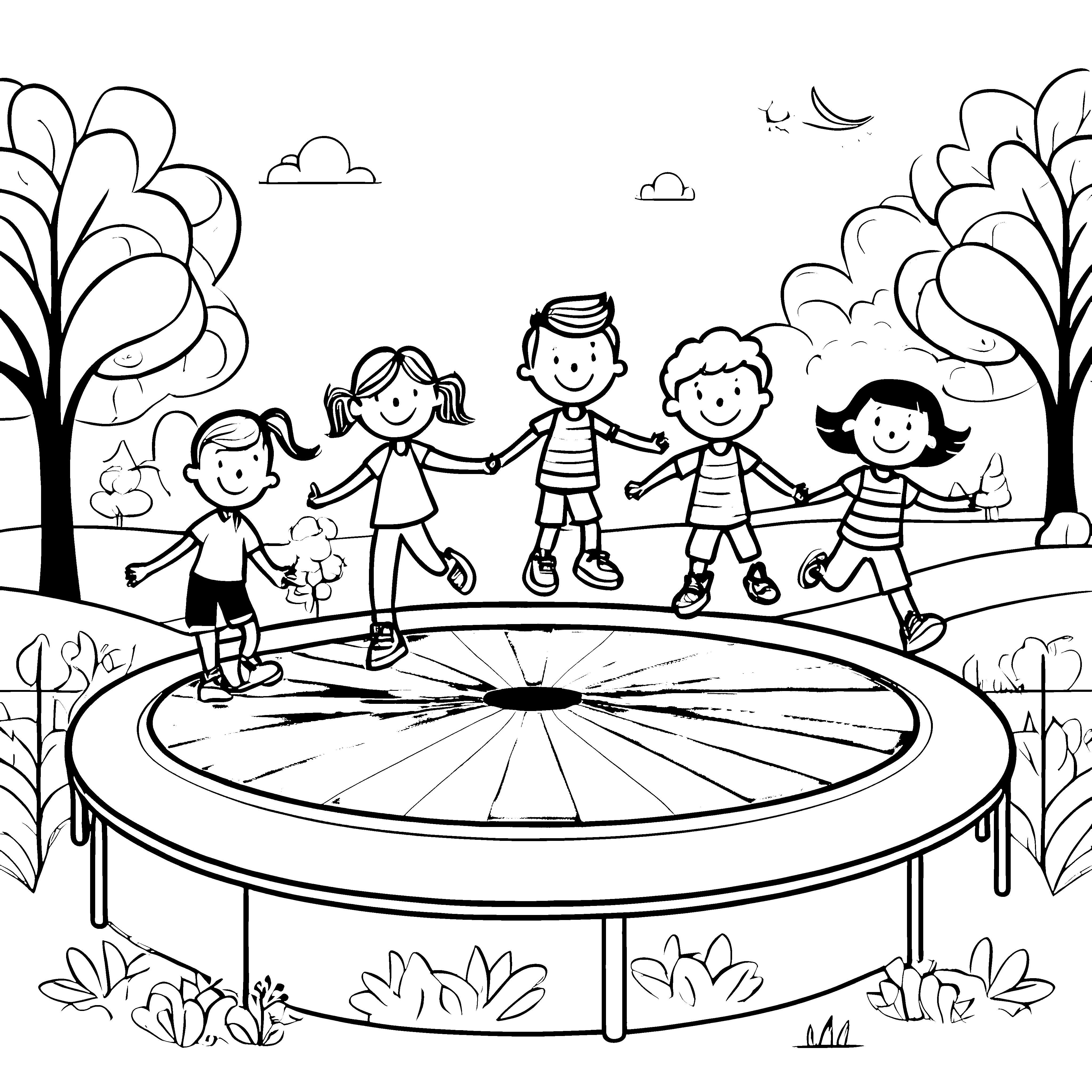 Fröhliche Kinder beim Trampolinspringen Ausmalvorlage für kleine Luftakrobaten