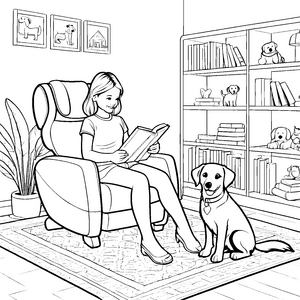 Gemütlicher Massagesessel mit fröhlichem Hund Ausmalbild für entspannte Leseratten