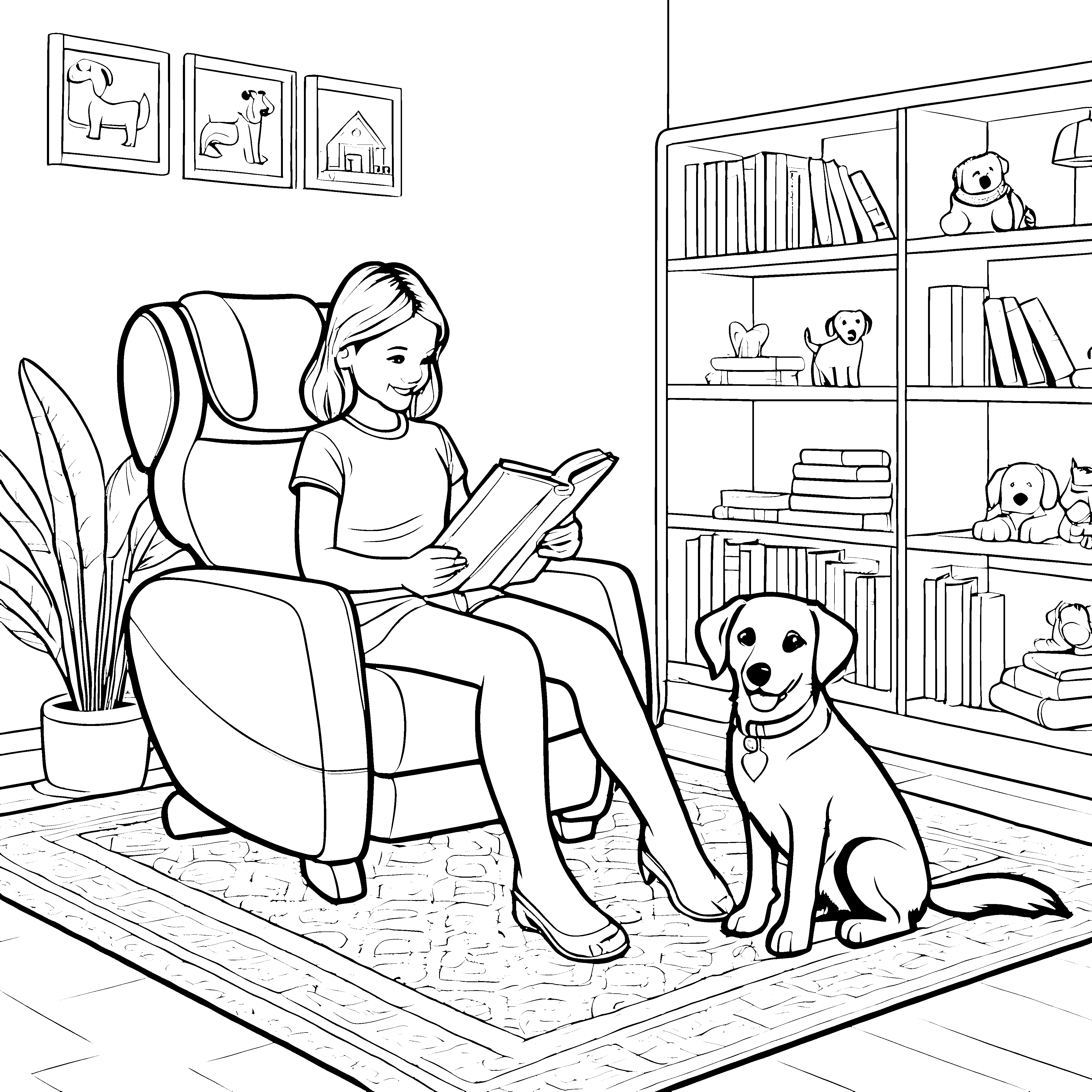 Gemütlicher Massagesessel mit fröhlichem Hund Ausmalbild für entspannte Leseratten