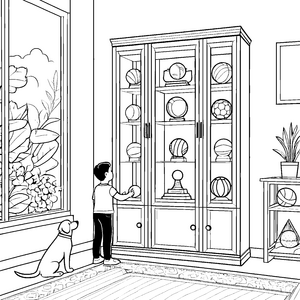 Überraschende Trophäenschätze im glänzenden Schrank Ausmalbild für kleine Gewinnertypen