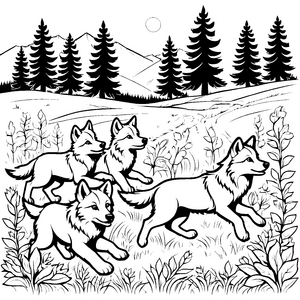 Verspielte Wolfswelpen im grünen Abenteuerland Ausmalbild für neugierige Naturfreunde