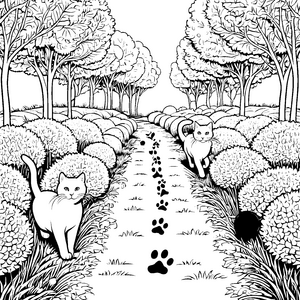 Katzenabenteuer auf geheimnisvollem Pfad Ausmalbild für neugierige Entdecker