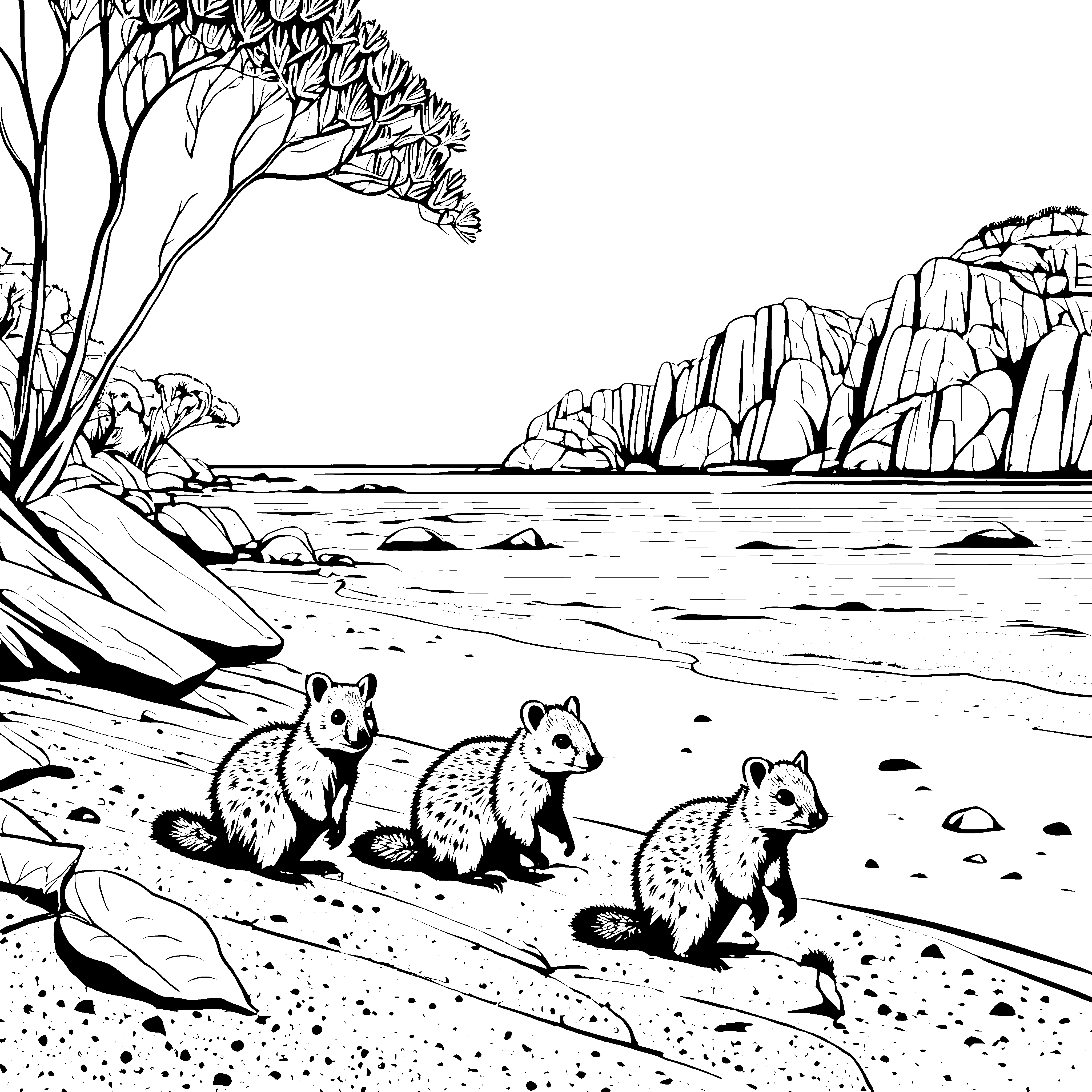 Drei neugierige Quokka Babys am Strand Ausmalvorlage für abenteuerlustige Tierentdecker