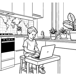 Spritziger Junge am Laptop im modernen Raum Ausmalbild für kreative Entdecker