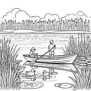 Abenteuerliche Paddeltour mit Enten auf dem See Ausmalvorlage für spritzige Entdecker