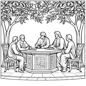 Philosophische Diskussion unter schattenspendenden Bäumen Ausmalbild für wissbegierige Denker