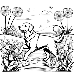 Fröhlicher Golden Retriever im bunten Blumenfeld Ausmalvorlage für liebevolle Tierfreunde