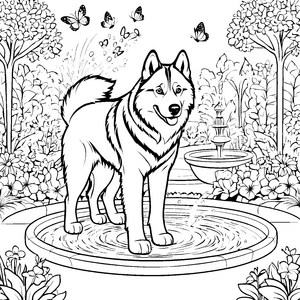 Husky im blühenden Garten mit schmetterlingen Ausmalbild für fröhliche Tierentdecker