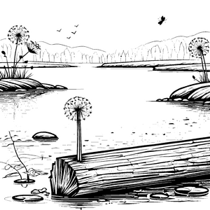 Wunderschöner Löwenzahn am stillen Wasser Ausmalmotiv für fantasievolle Entdecker