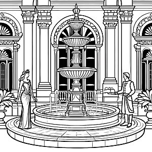 Glanzvolle Königin am prächtigen Brunnen Ausmalbild für kreative Traumverwirklicher