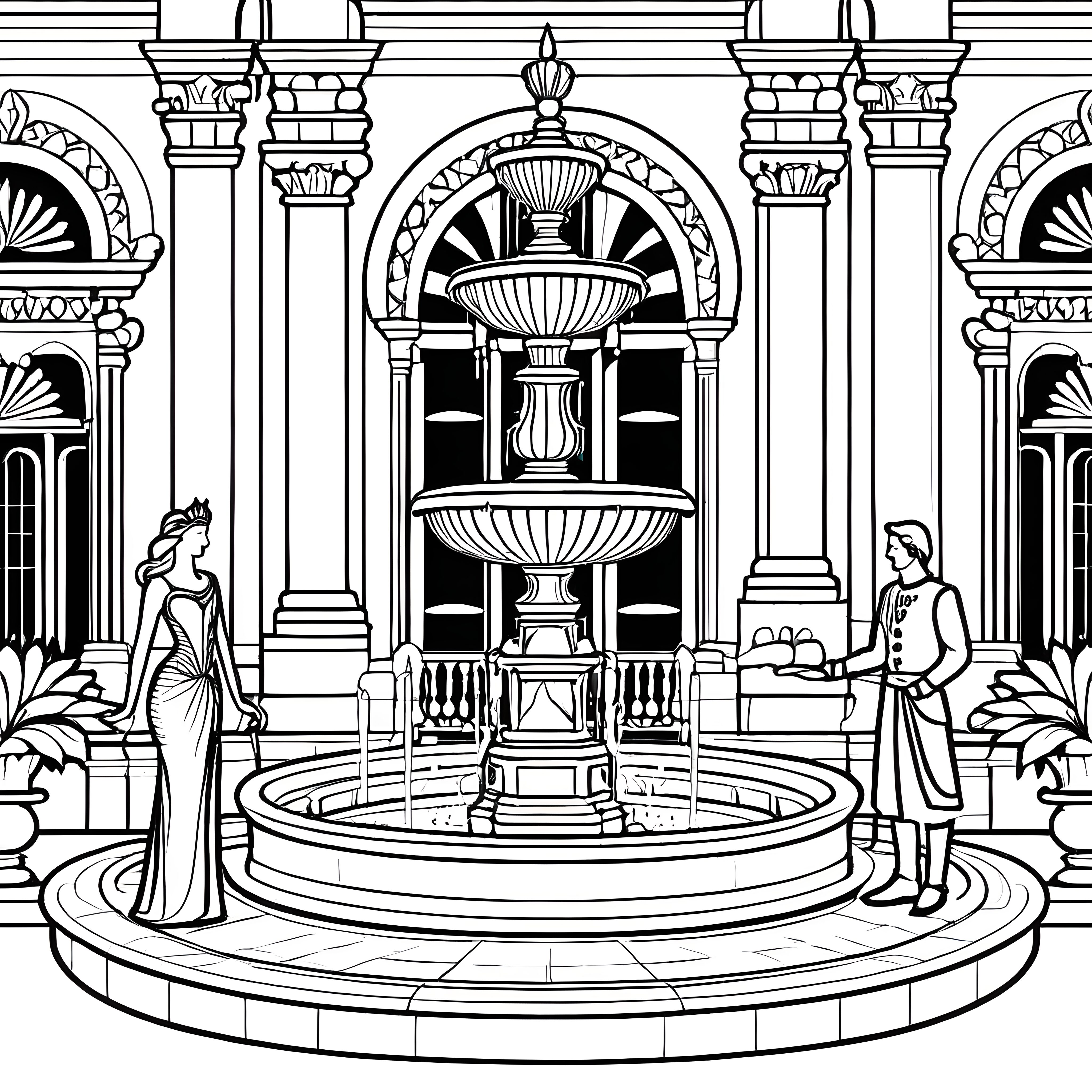 Glanzvolle Königin am prächtigen Brunnen Ausmalbild für kreative Traumverwirklicher