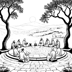 Philosophische Diskussionsrunde unter mächtigen Bäumen Ausmalvorlage für kluge Köpfe