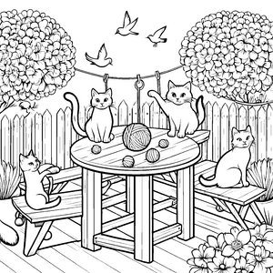 Verspielte Katzen mit buntem Garn Malvorlage für fröhliche Kleinkünstler