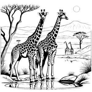 Elegante Giraffen am ruhigen Wasser Malvorlage für neugierige Tierfreunde