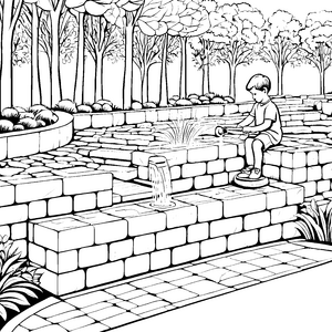 Kreativer Junge an sprudelnder Steinmauer Ausmalbild für kleine Naturforscher
