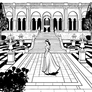 Elegante Prinzessin im zauberhaften Schlossgarten Ausmalbild für träumerische Künstler