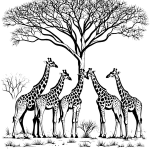 Große Giraffen unter schattenspendendem Baum Ausmalbild für kleine Abenteurer