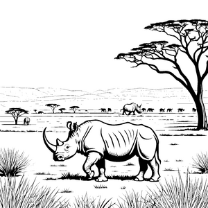 Stolzes Nashorn in der afrikanischen Savanne Ausmalbild für mutige Naturfreunde